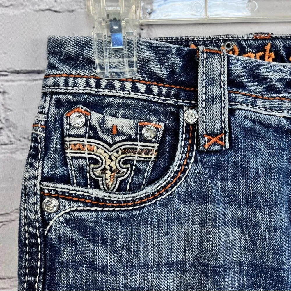 Rock Revival Nancy Bermuda Stretch Denim Shorts Distressed Blue Sz 25